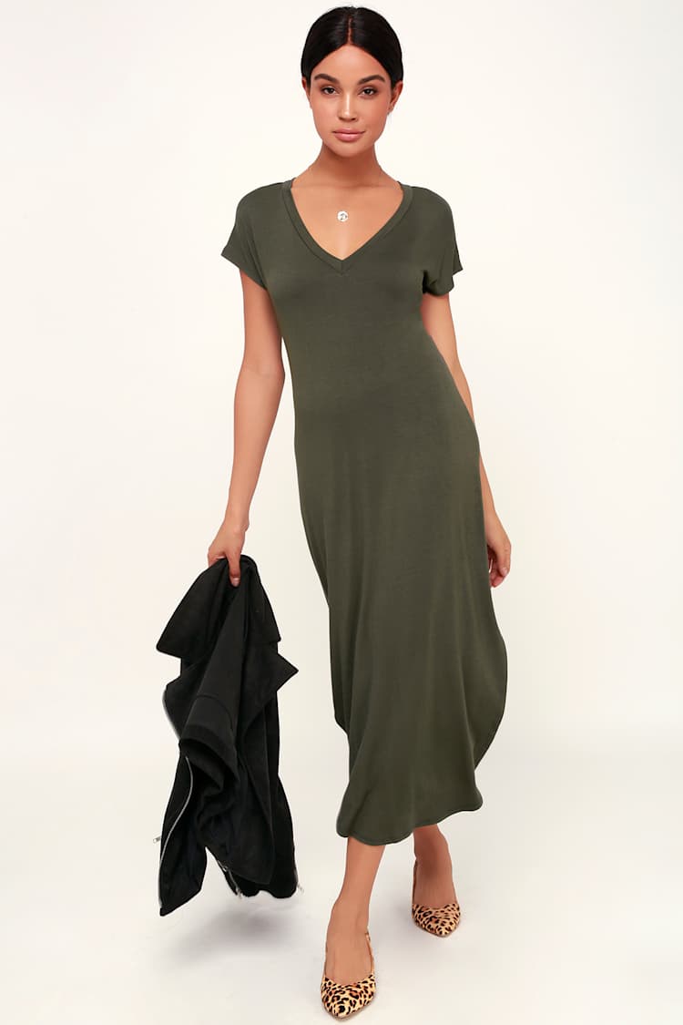 Olive Color T Shirt Dress Cove Jersey Knit V Relaxed Fit T Shirt Maxi