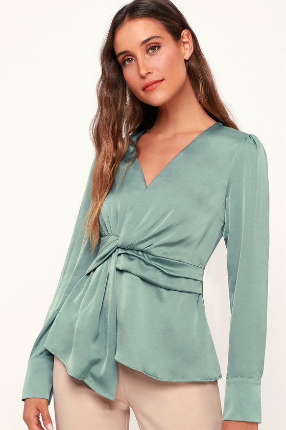 Chic Green Top - Satin Top - Knotted Front Top - Long Sleeve Top - Lulus
