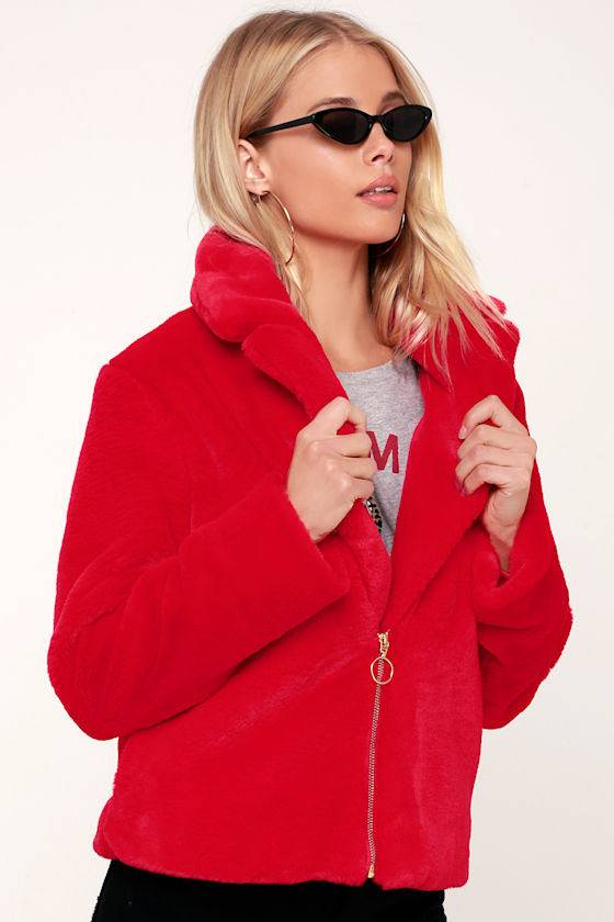 cropped red faux fur jacket