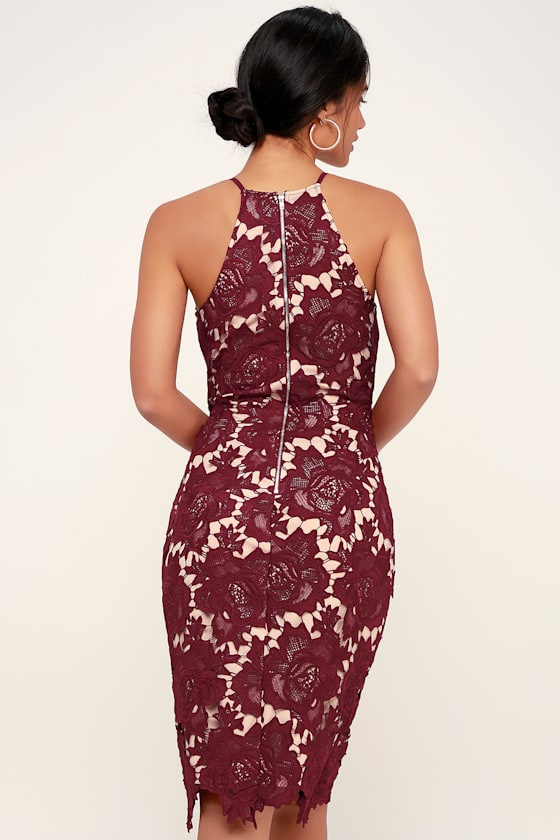 Temps De L'Amour Burgundy Lace Bodycon Midi Dress 2