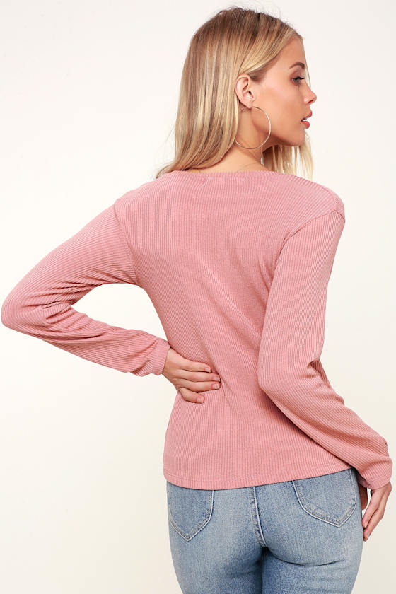 Tilbury Mauve Pink Ribbed V-Neck Long Sleeve Top 4