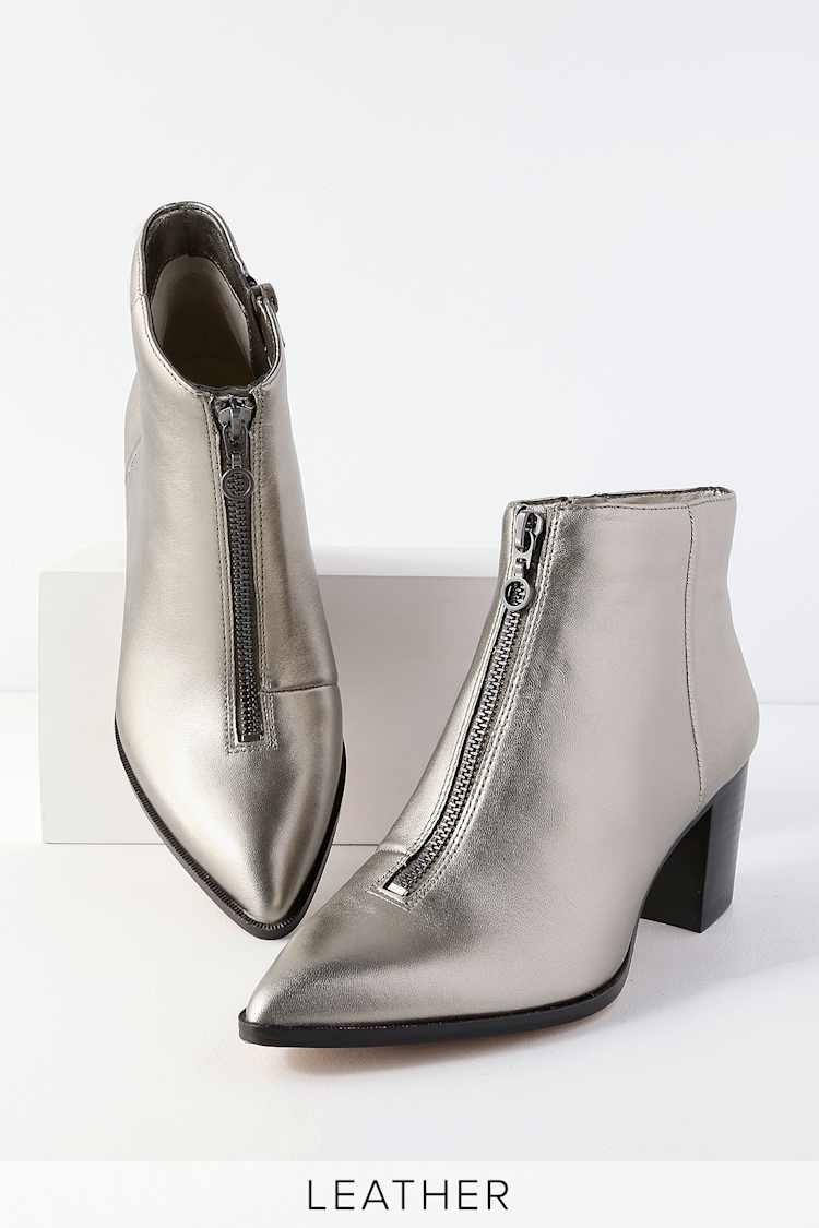 gunmetal gray shoes on Sole Society Desiray Gunmetal Leather Booties Zipper Booties Lulus