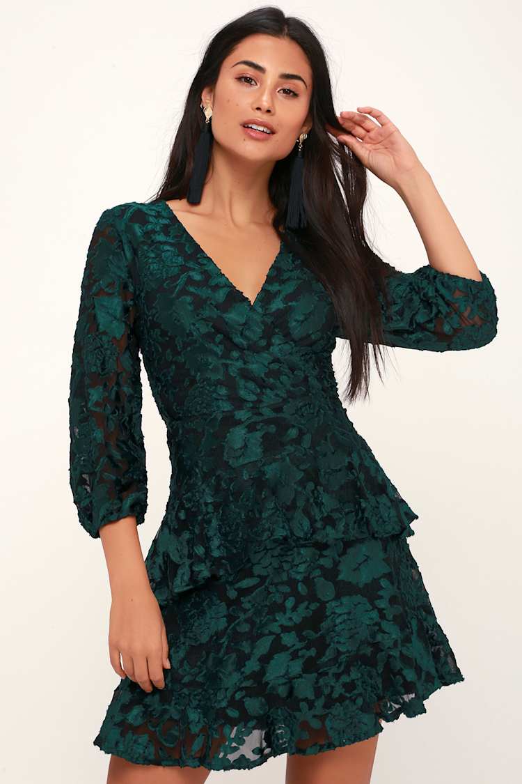 New Journey Forest Green Burnout Velvet Floral Print Dress