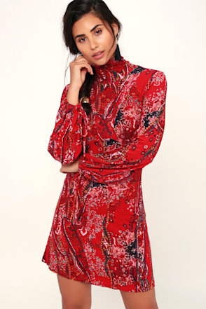 free people all dolled up mini dress Free People All Dolled Up - Red Mini Dress - Long Sleeve Dress