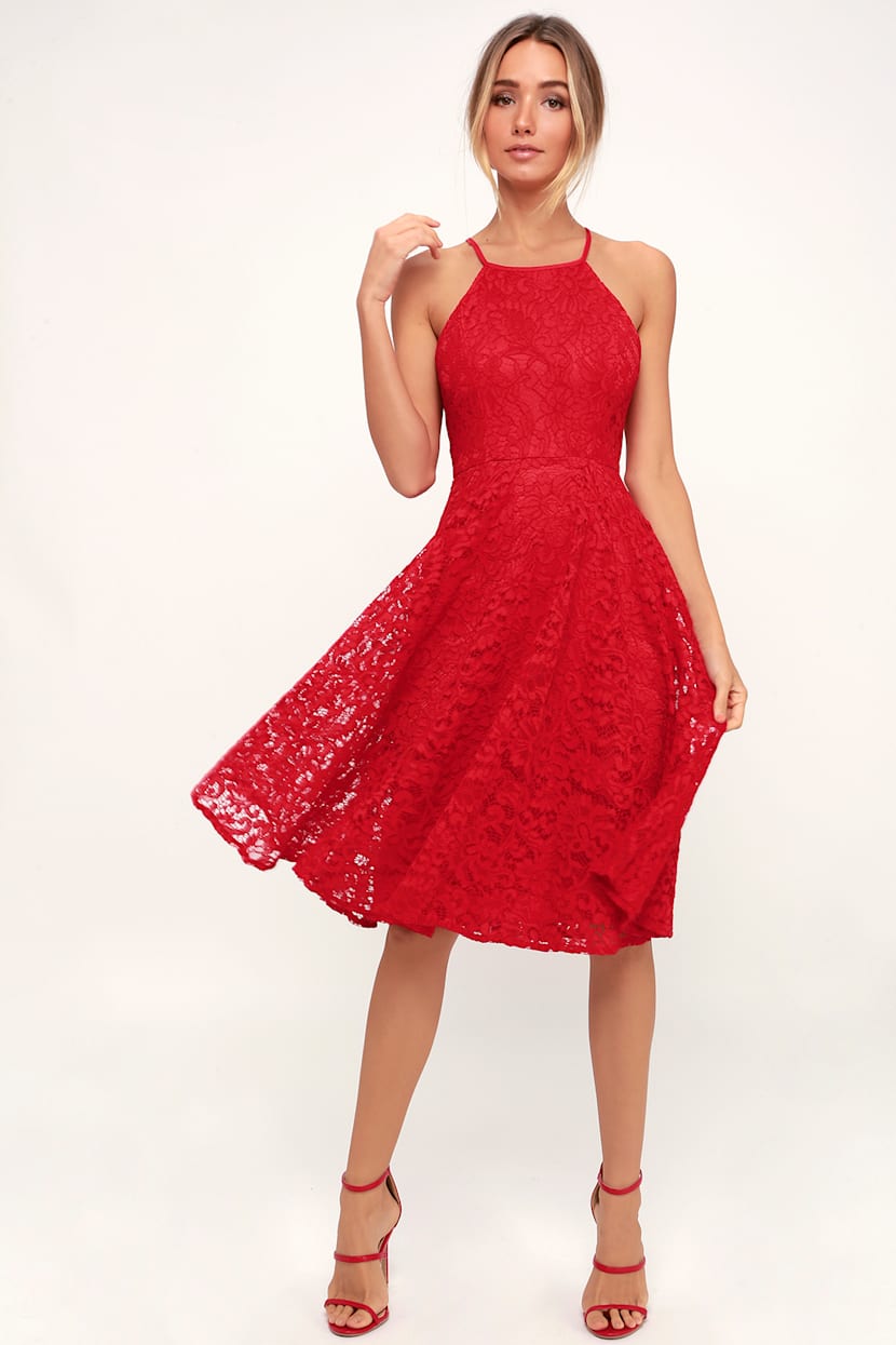 lulus red lace midi dress Red Midi Dress - Pleated Midi Dress - Lace Midi Dress