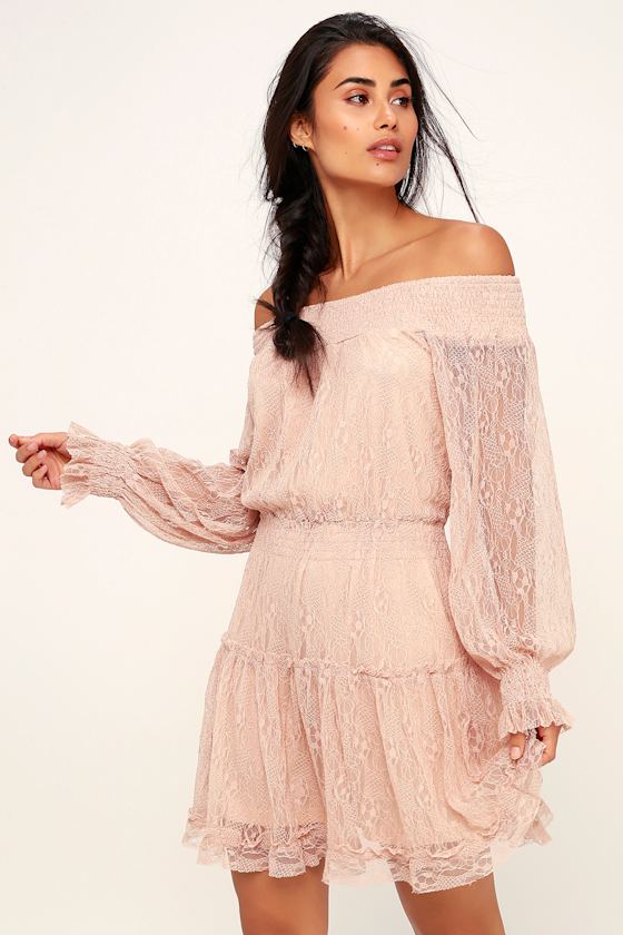 pink off the shoulder dress with sleeves