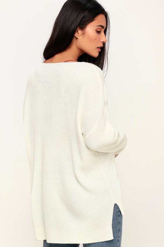 Cute Cream Sweater - V-Neck Sweater - Oversized Sweater