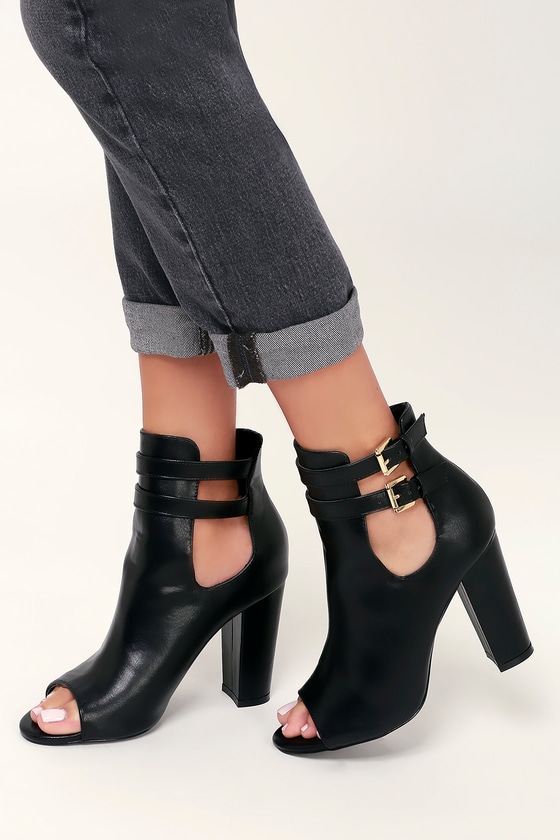 Cute Peep-Toe Booties - Black High Heel Boots - Booties