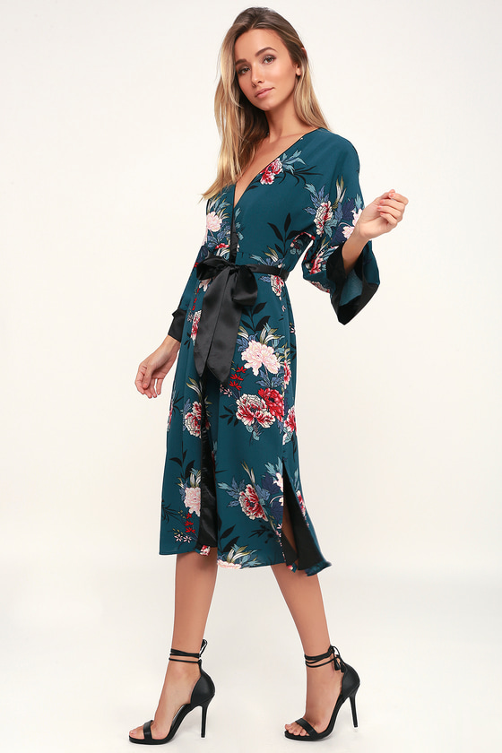 Chic Teal Blue Floral Print Dress - Wrap Midi Dress - Robe Dress - Lulus