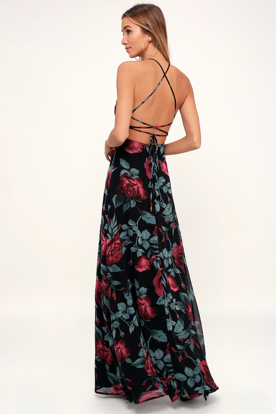 Lovely Black Rose Print Dress - Black Maxi Dress - Lace-Up Dress - Lulus