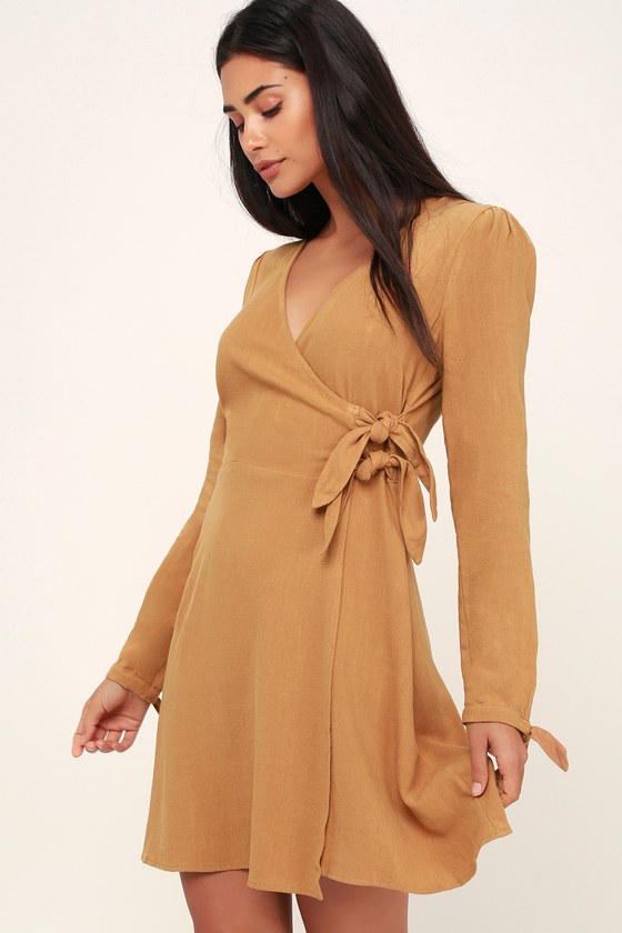 Cute Tan Wrap Dress - Long Sleeve Dress 