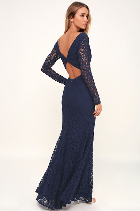 dark blue long sleeve lace dress Tamara V-Neckline Ruched Long Sleeve Lace Mesh Dress Black main image 1