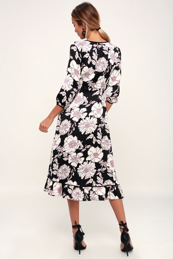 Cute Black Floral Print Dress - Wrap Dress - Floral Midi Dress - Lulus