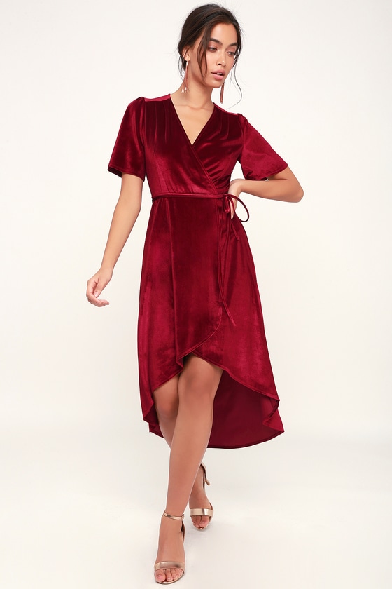 Amour Wine Red Velvet High-Low Wrap Dress