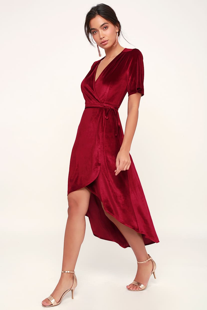open lace back dress I.H.F Red Round Neckline Draped Velvet Gown with Black Lace