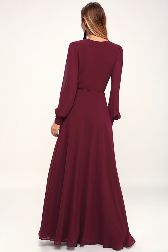 Glam Burgundy Dress - Maxi Dress - Wrap Dress - Long Sleeve Dress - Lulus