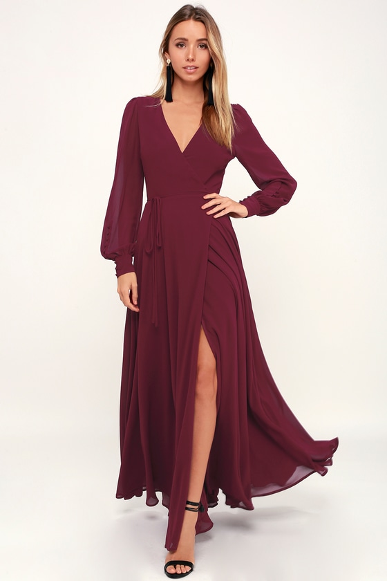 burgundy long sleeve dress for wedding