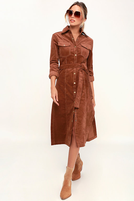 Lylia Brown Corduroy Midi Shirt Dress 1