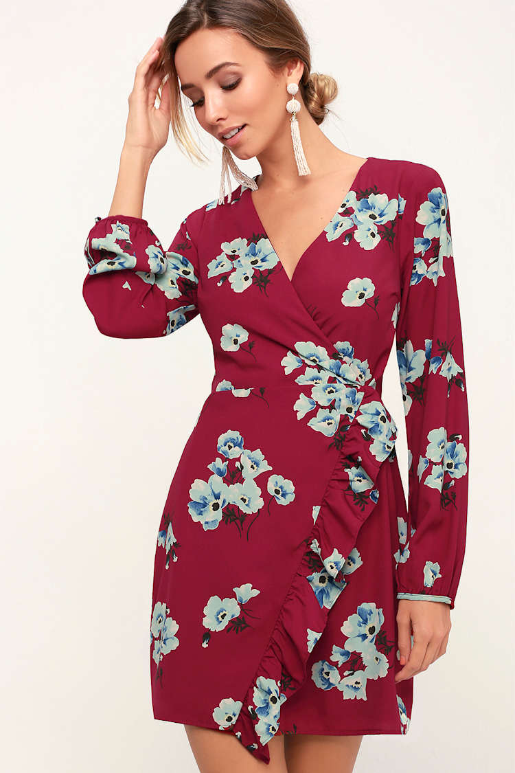 Lovely Burgundy Floral Print Dress - Wrap Dress - Long Sleeve - Lulus