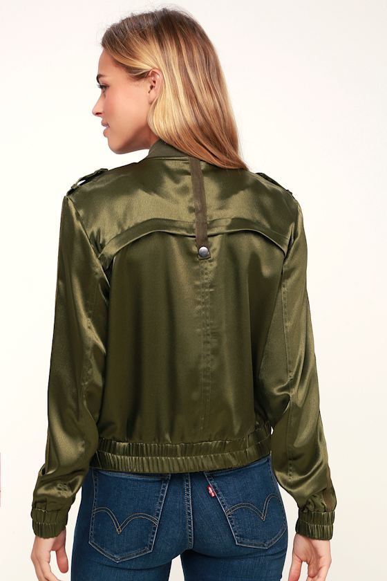 Hit the City Olive Green Satin Bomber Jacket 5