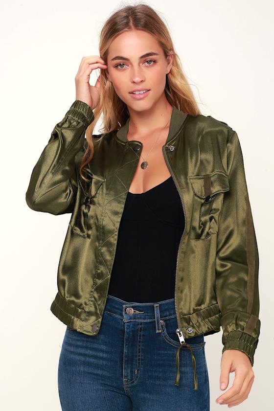 Hit the City Olive Green Satin Bomber Jacket 2