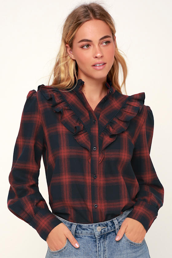 Nash Navy Blue and Red Plaid Ruffled Long Sleeve Top 2
