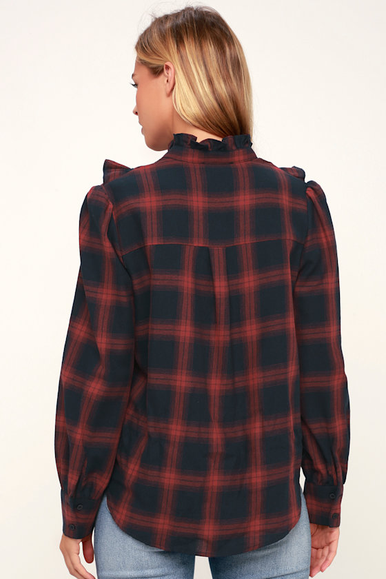 Nash Navy Blue and Red Plaid Ruffled Long Sleeve Top 5