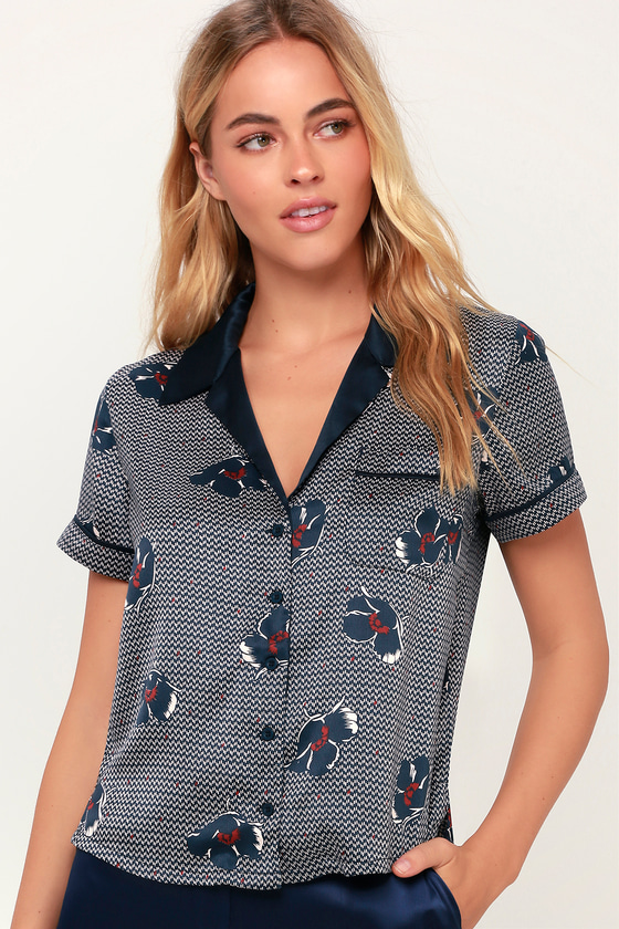 RVCA Call Collect Top - Navy Blue Print Top - Button-Up Top - Lulus