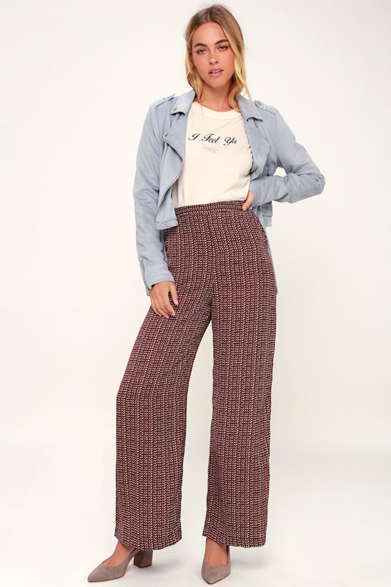 Chic Wine Red Print Pants WideLeg Pants HighWaisted Pants Lulus