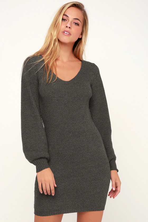 Knit Charcoal Grey Dress - Sweater Dress - Statement Sleeve Dress - Lulus