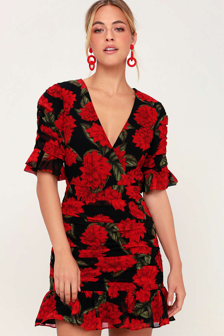 Keepsake Find You - Black Floral Print Dress - Ruched Mini Dress - Lulus