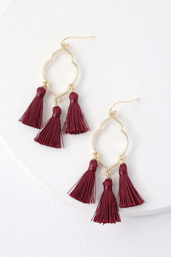 Chic Burgundy Tassel Earrings Gold Earrings Boho Earrings Lulus