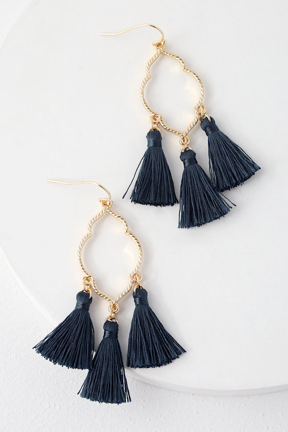 Mailie Navy Blue and Gold Tassel Earrings 2