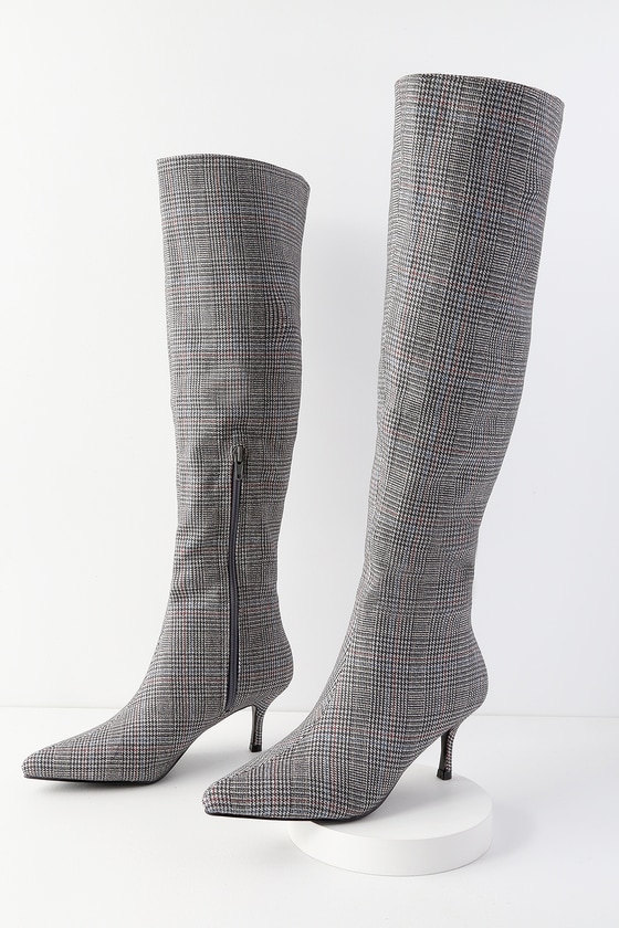 Chic Grey Plaid Boots - Over the Knee 