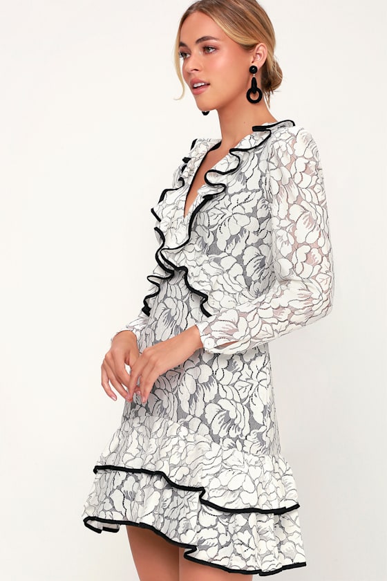 Encore Ivory Lace Ruffled Long Sleeve Dress 1