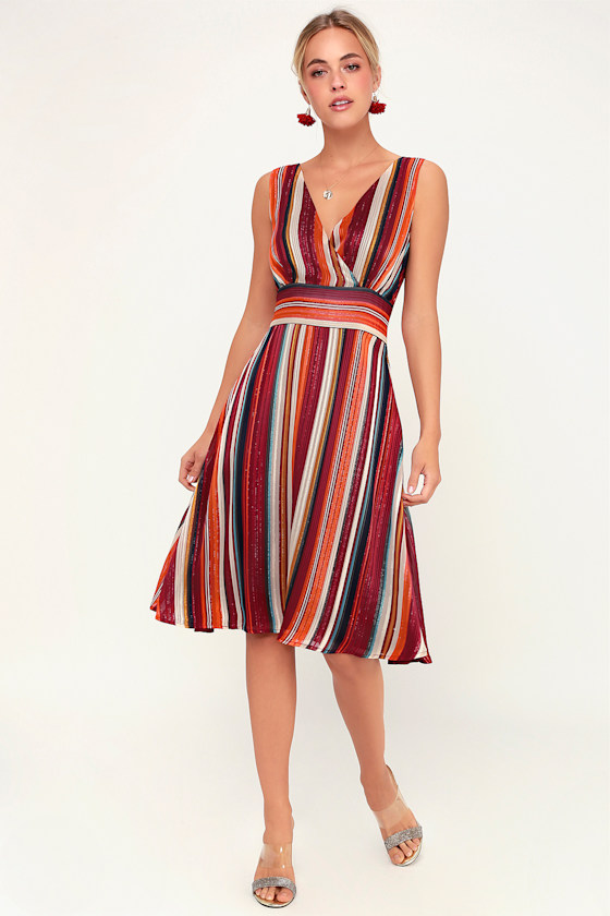 Lovely Burgundy Multi Striped Dress - Sleeveless Dress - Midi - Lulus