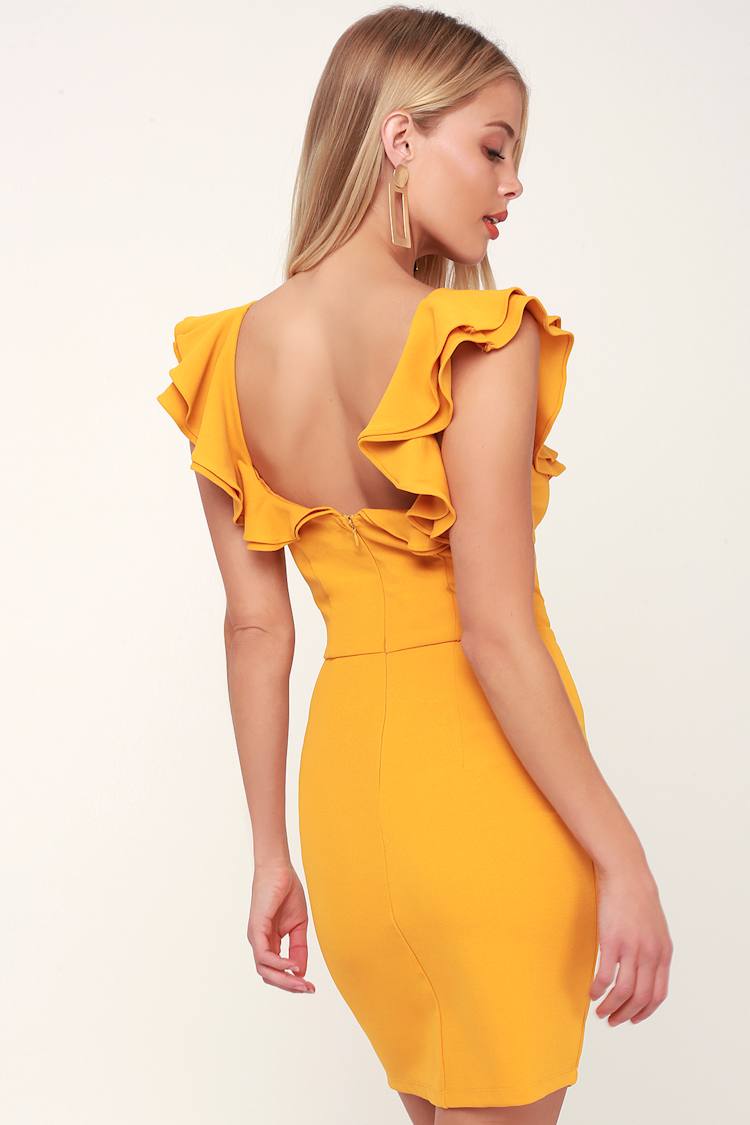 Chic Mustard Yellow Dress - Bodycon Dress - Ruffled Mini Dress - Lulus Chic Mustard Yellow Dress - Bodycon Dress - Ruffled Mini Dress - Lulus