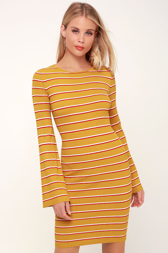 Cute Yellow Striped Dress - Bell Sleeve Dress - Bodycon Dress - Lulus