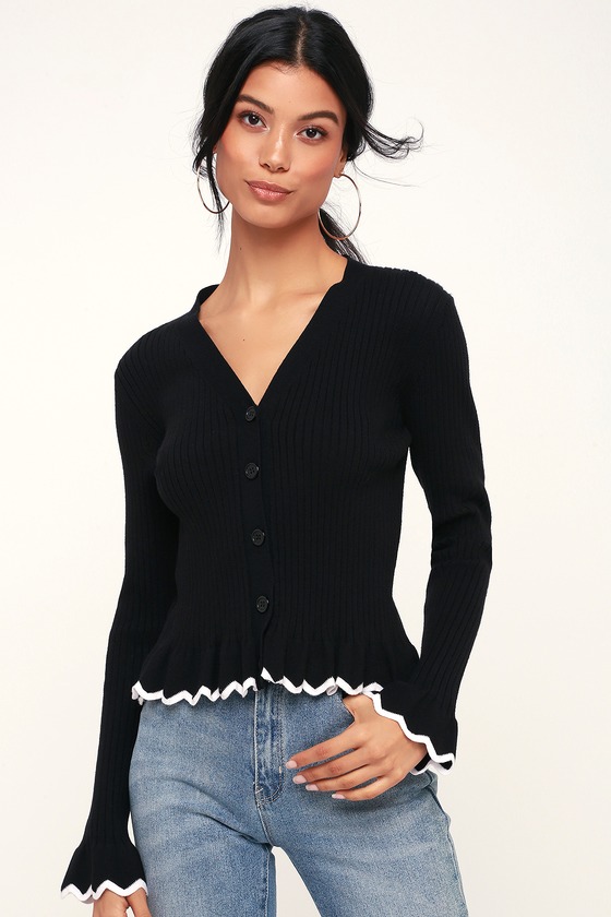 Cute Black Sweater - Ruffled Sweater - Black Ribbed Sweater - Lulus