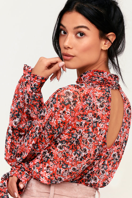 Free People All Dolled Up Red Floral Print Top Mesh Crop Top