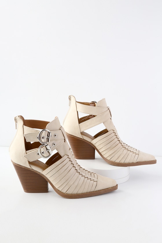 Quilla Beige Woven Cutout Ankle Booties