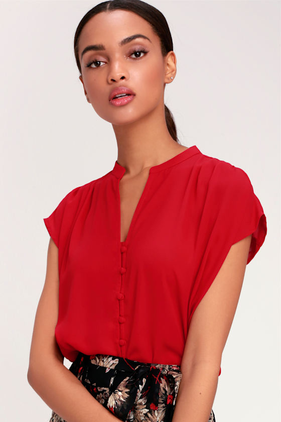 Chic Red Top Red ButtonUp Top Short Sleeve Top Blouse Lulus