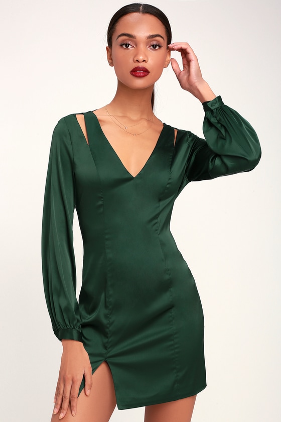green satin dress long sleeve