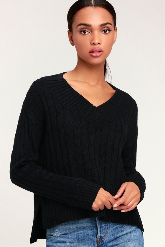 Cute Black Sweater Cable Knit Sweater VNeck Sweater Lulus