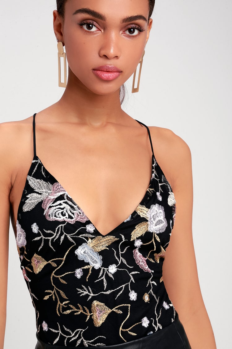 Arianna Black Floral Embroidered Mesh Bodysuit