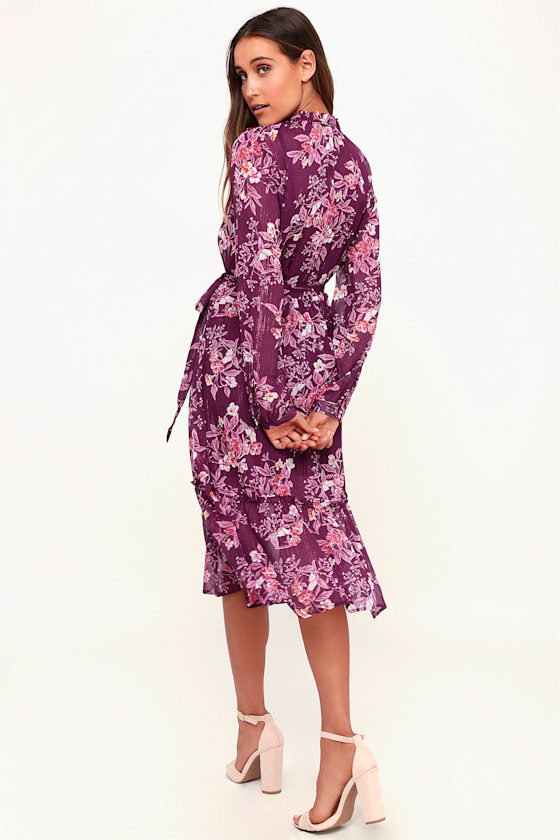 Thrill of it All Purple Floral Print Long Sleeve Midi Dress 2
