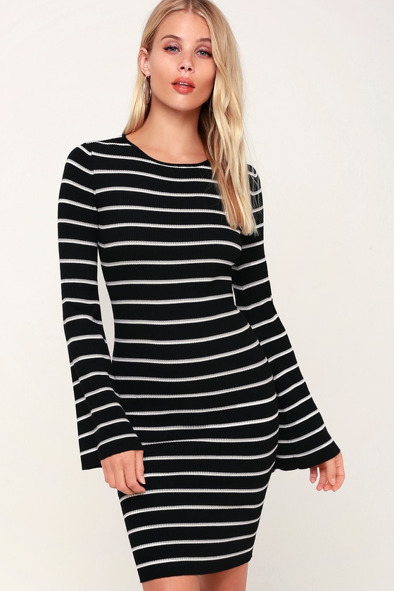 Cute Black Striped Dress - Bell Sleeve Dress - Bodycon Dress - Lulus