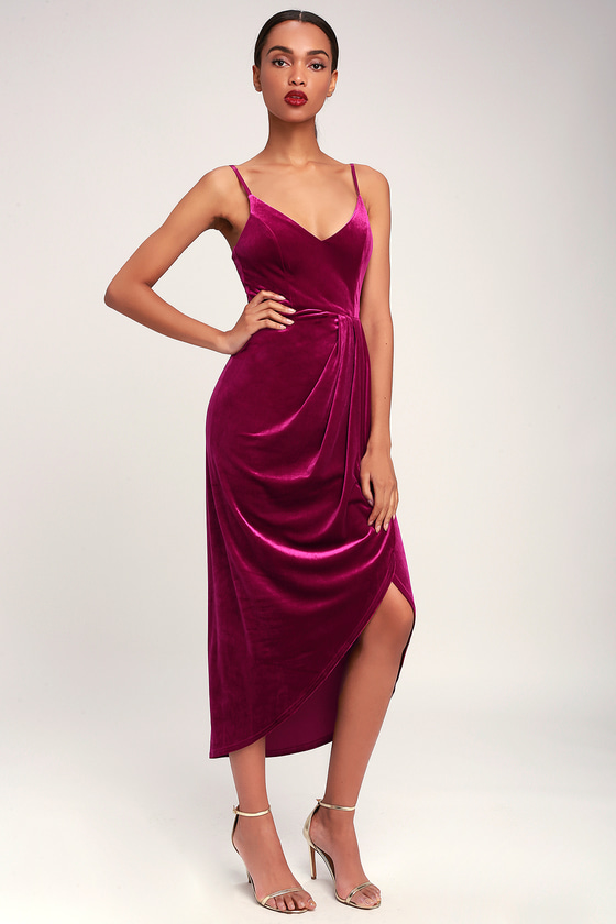 Sexy Magenta Dress - Magenta Velvet Dress - Tulip Midi Dress - Lulus