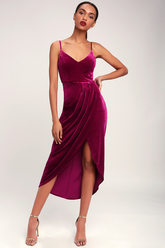 Sexy Magenta Dress - Magenta Velvet Dress - Tulip Midi Dress - Lulus