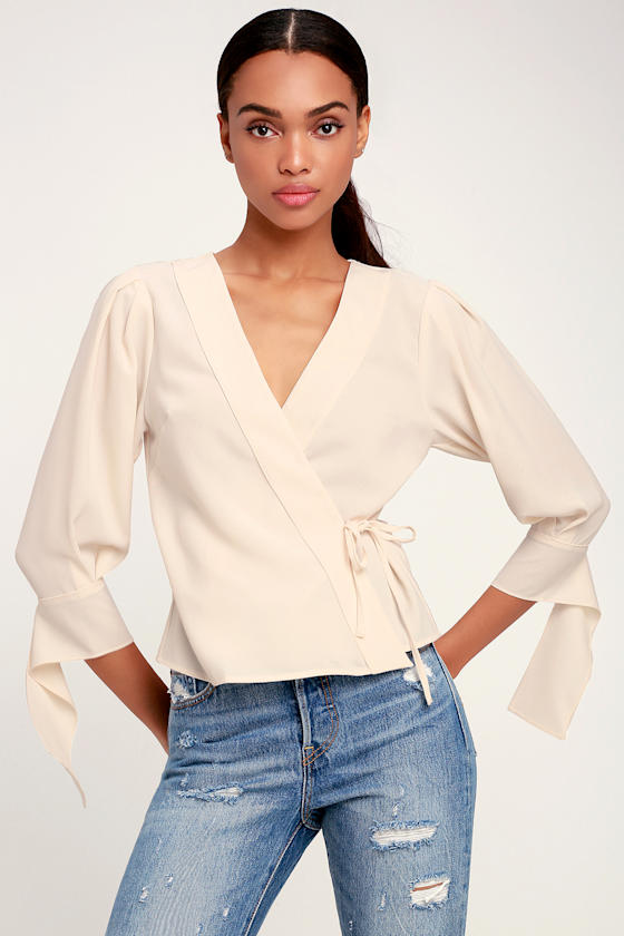 J.O.A. - Cream Top - Statement Sleeve Top - Wrap Top